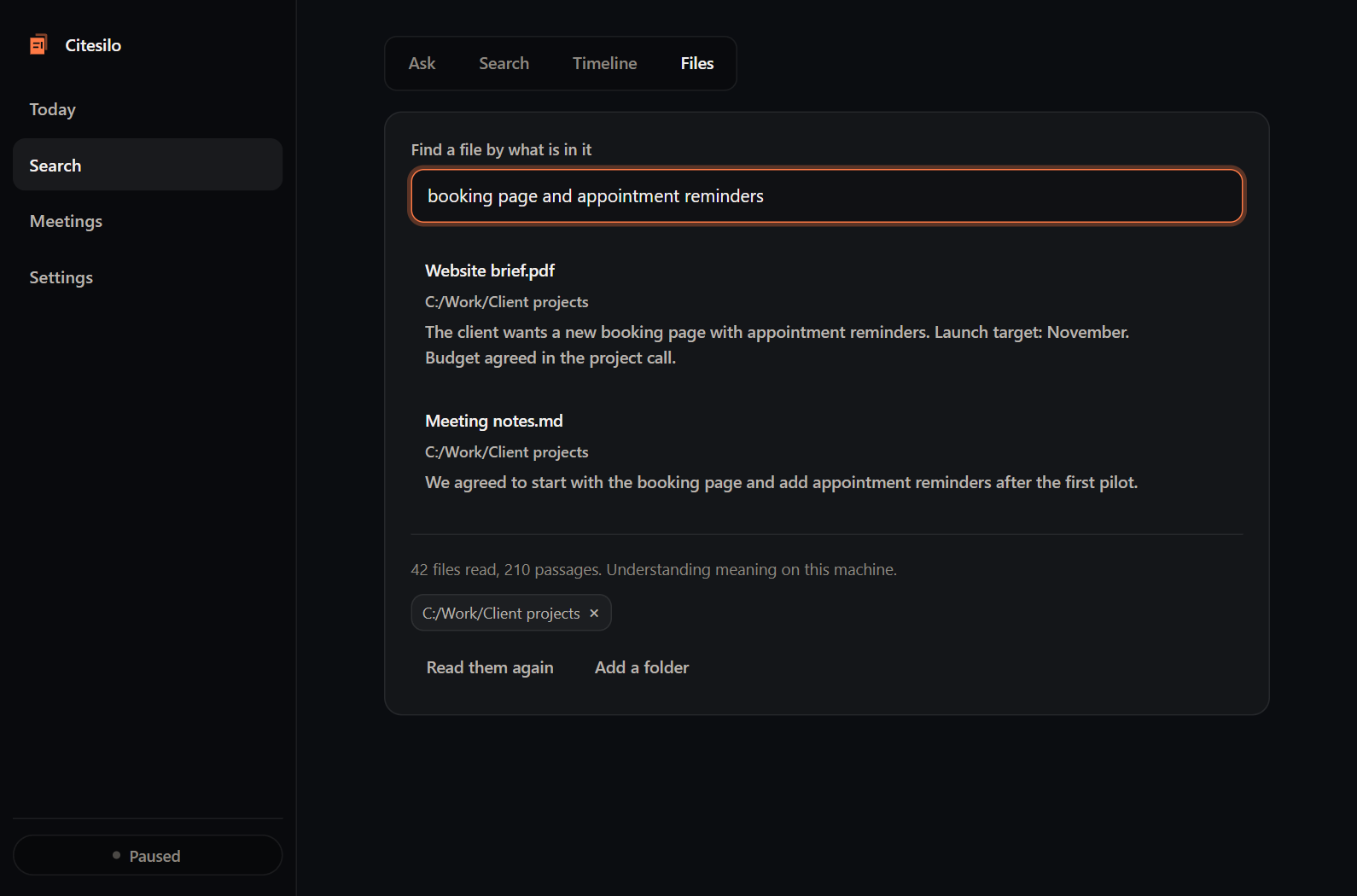 CiteSilo file search showing matching passages from a website brief and meeting notes.